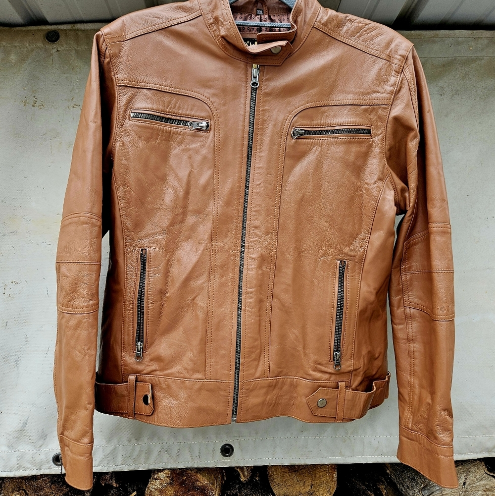 Classic Tan Cognac Supple LAMBSKIN Leather Biker Jacket MOTO size XXL Unisex